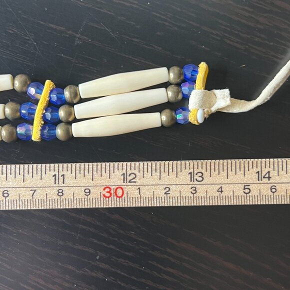 Vintage‎ Bone Hairpipe Bead Choker Necklace Blue Glass Brass Shell Disk Pendant - Picture 8 of 9